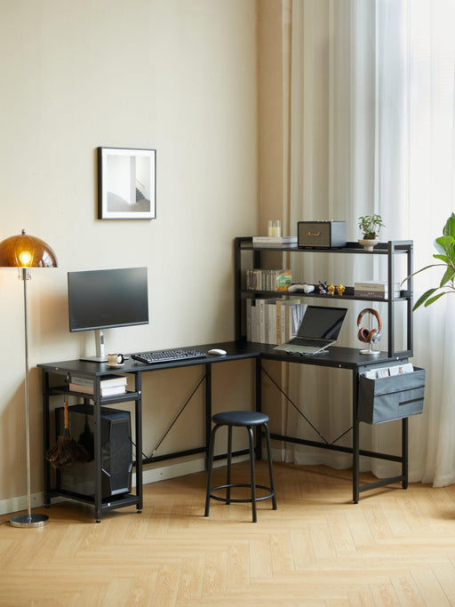 94.5 Inch Home Office Desk L shape gaming desk with storage Shelves and stool (BLACK) - DTYStore
