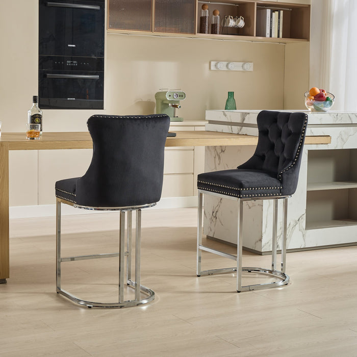 25' Counter Height Bar Stools Set of 2, Modern Velvet Barstools with Button Back&Rivet Trim Upholstered Kitchen Island Chairs with Sturdy Chromed Metal Base Legs Farmhouse Bar Stools, (Black,2 Pack) - DTYStore