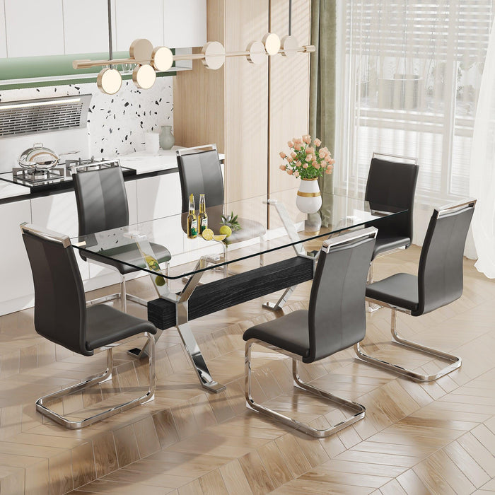 Dining table. Modern tempered glass dining table. Large modern office desk with silver plated metal legs and MDF crossbars, suitable for both home and office use. Kitchen. 79 ''x39''x30 '' 1105