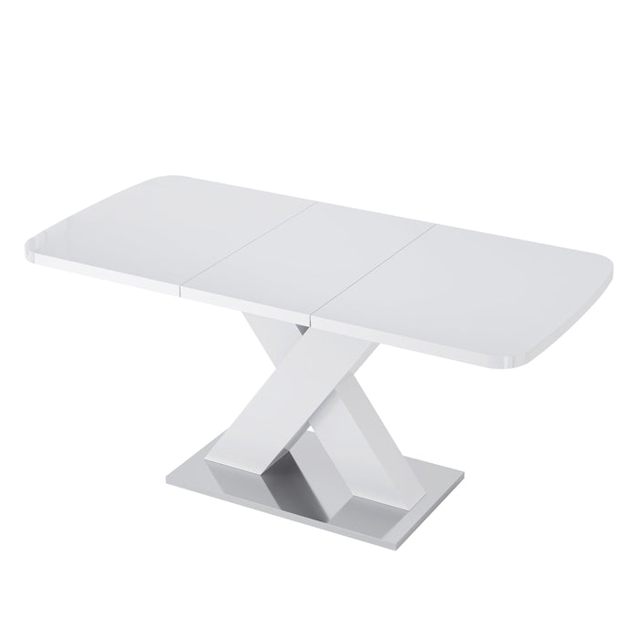 Modern Square Dining Table, Stretchable, White Table Top+MDF X-Shape Table Leg with Metal Base