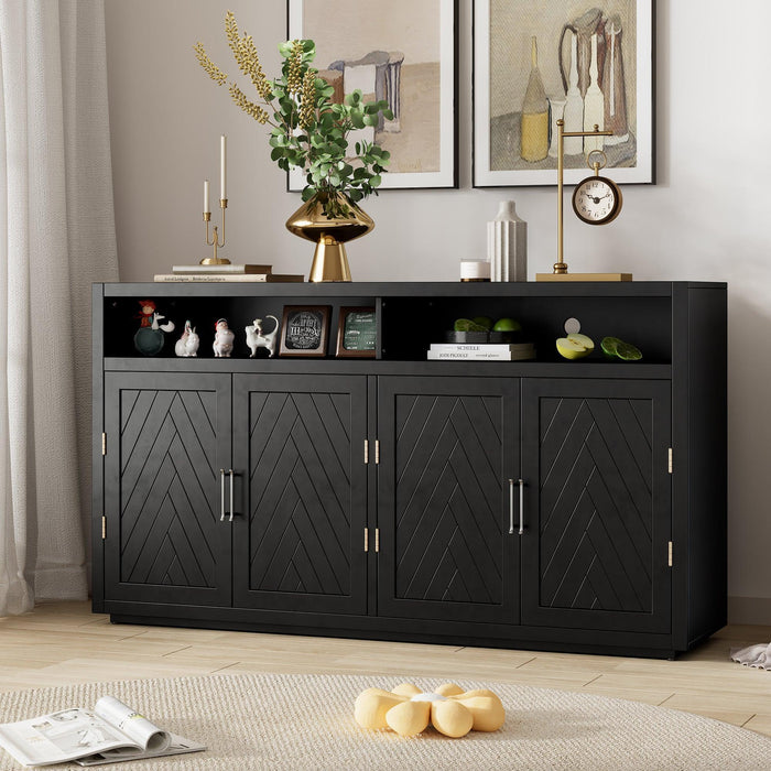 TREXM 4-door Classic Sideboard with Open Storage and Adjustable Shelves Perfect for kitchens, living rooms (Black)