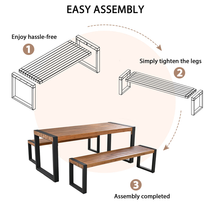 GO 3-pieces Outdoor Dining Table With 2 Benches, Patio Dining Set With Unique Top Texture, Acacia Wood Top & Steel Frame, All Weather Use, For Outdoor & Indoor, Natural - DTYStore