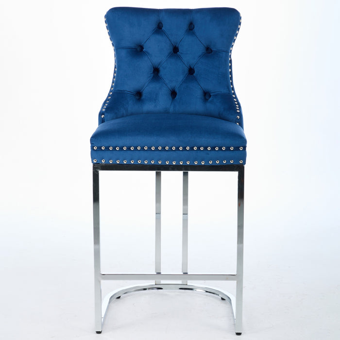 25' Counter Height Bar Stools Set of 2, Modern Velvet Barstools with Button Back&Rivet Trim Upholstered Kitchen Island Chairs with Sturdy Chromed Metal Base Legs Farmhouse Bar Stools, (Blue,2 Pack) - DTYStore