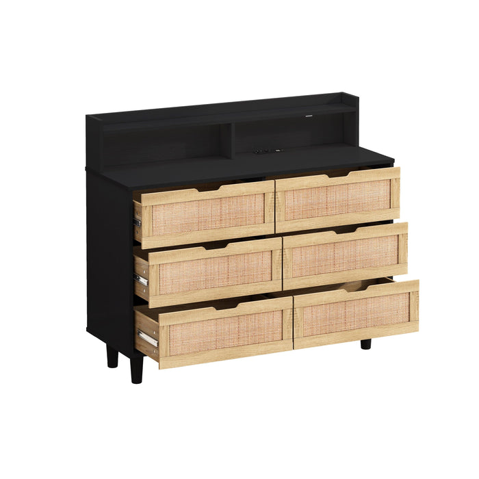 43.31"6-Drawers Rattan Storage Cabinet Rattan Drawer with LED Lights and Power Outlet,for Bedroom,Living Room,Black