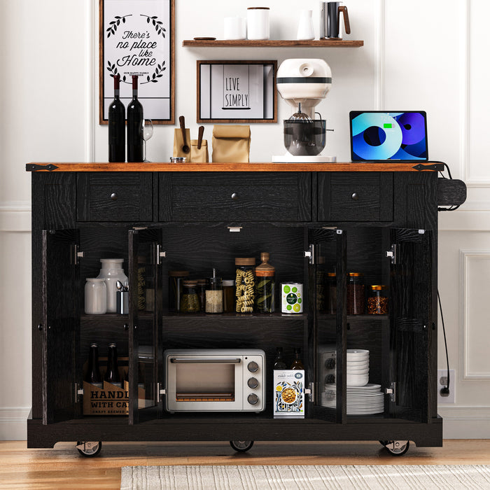 53'' Farmhouse Kitchen Island with Two Tempered Glass Cabinet Doors, Power Outlet, Rolling Kitchen Cart on Wheels with Drop Leaf, 5 Open Side Racks, 3 Drawers, for Kitchen, Dining Room, Black - DTYStore