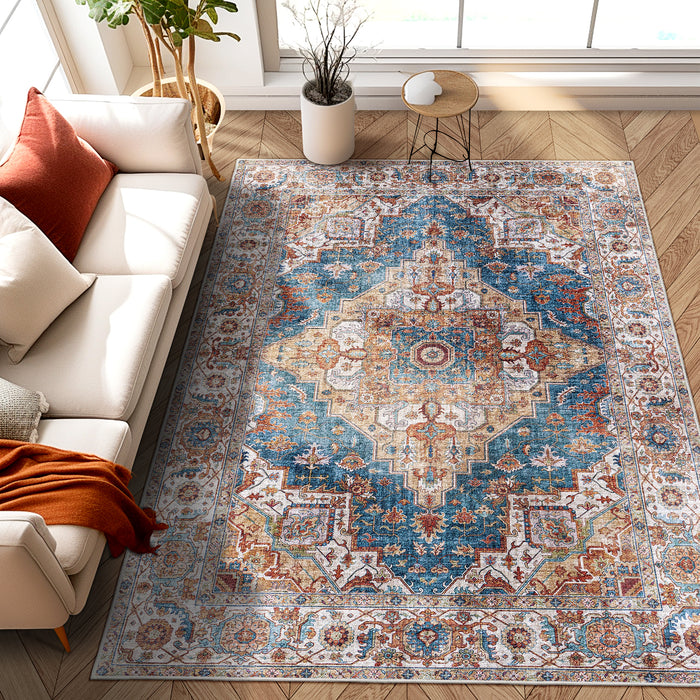 Area Rug 5x7 Vintage Bohemia Large Persian Non-slip Washable Rug For Living Room Kitchen Bedroom Living Room Flower Design Blue/Yellow - DTYStore