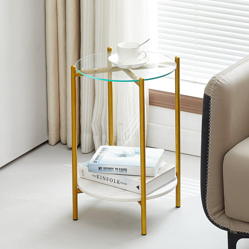 2-layer End Table with Tempered Glass and Marble Tabletop, Round Coffee Table with Golden Metal Frame for Bedroom Living Room Office (1 piece) - DTYStore