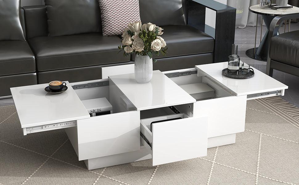 ON-TREND Coffee Table with 2 large Hidden Storage Compartment, Extendable Cocktail Table with 2 Drawers, High-gloss Center Table with Sliding Top for Living Room, 39.3"x21.6", White