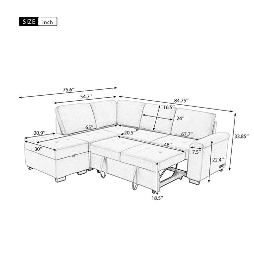 Sleeper Sectional Sofa, L-Shape Corner Couch Sofa-Bed with Storage Ottoman & Hidden Arm Storage & USB Charge for Living Room Apartment, Dark Gray - DTYStore