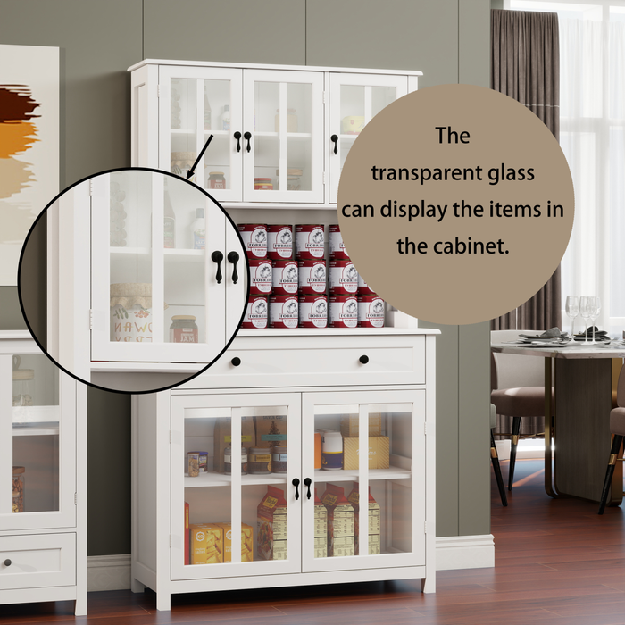 71' Pantry Storage Cabinet with Microwave Oven Countertop, Freestanding Hutch Cabinet with 3 Adjustable Shelves, 5 glass Doors and 1 Large Drawer-White - DTYStore