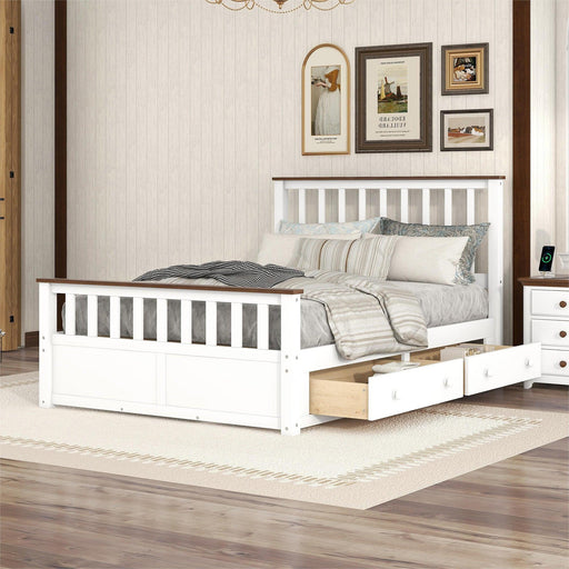 Full Size Wood Platform Bed with Two Drawers and Wooden Slat Support,White+walnut - DTYStore
