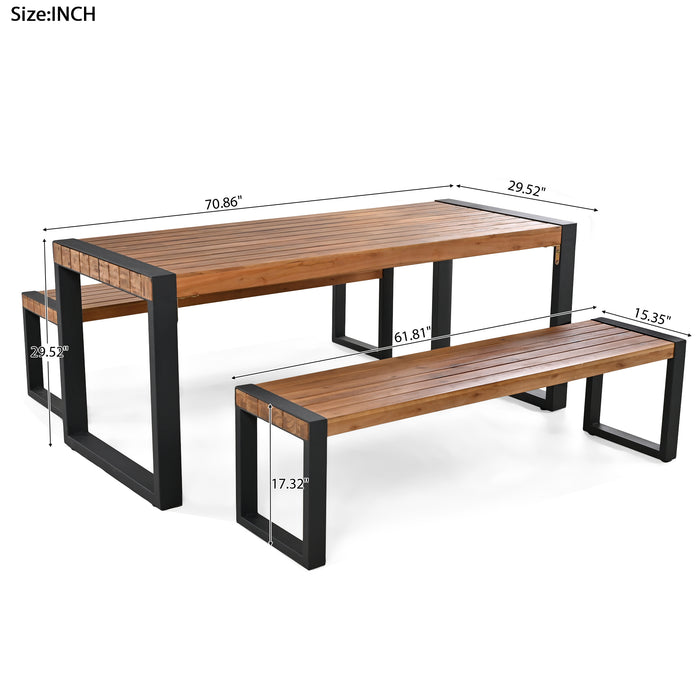 GO 3-pieces Outdoor Dining Table With 2 Benches, Patio Dining Set With Unique Top Texture, Acacia Wood Top & Steel Frame, All Weather Use, For Outdoor & Indoor, Natural - DTYStore