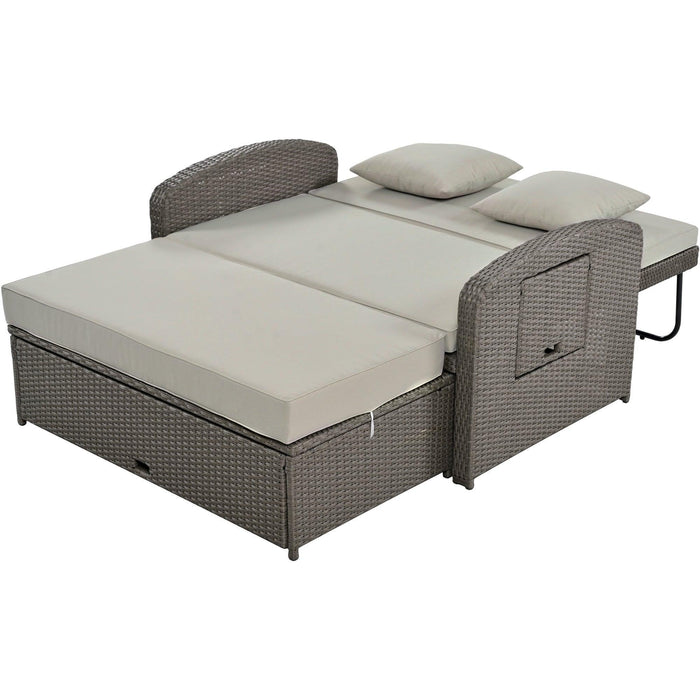 PE Wicker Rattan Double Chaise Lounge, 2-Person Reclining Daybed with Cushions and Cover