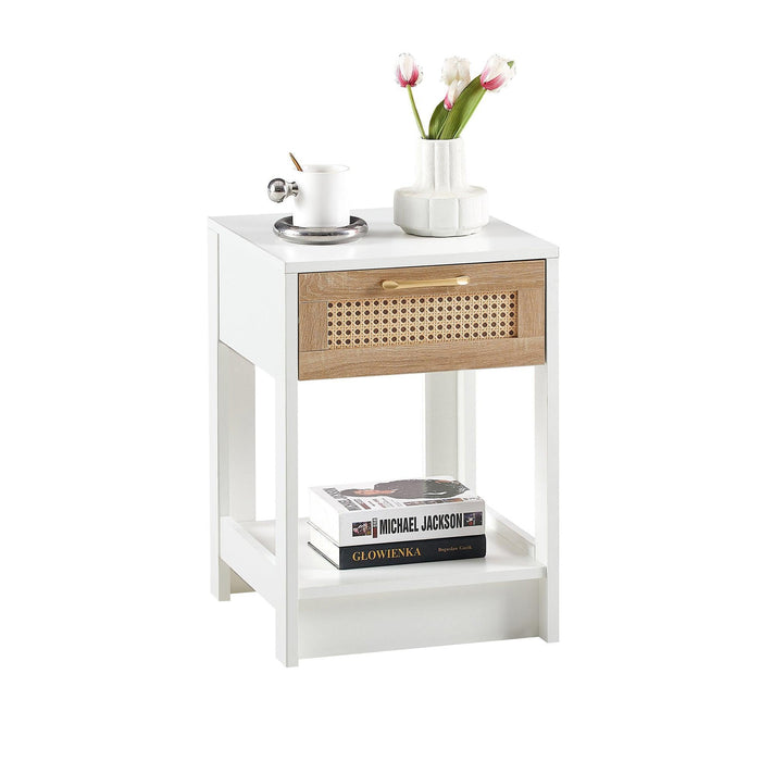 15.75" Rattan End table with drawer, Modern nightstand, side table for living room, bedroom,white - DTYStore