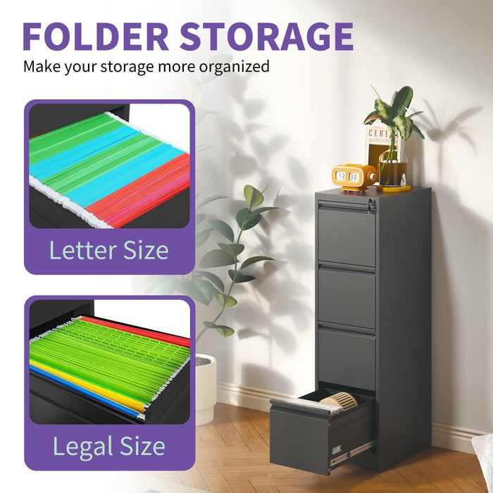 4 Drawer Metal Vertical File Cabinet with Lock for Office Home A4 Legal/Letter Size