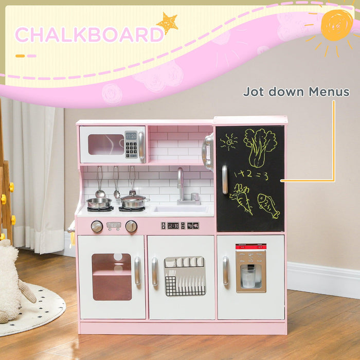 Play Kitchen, Kids Kitchen Playset Pretend Play Toy Kitchen with Play Phone, Chalkboard, Towel Rack, Ice Maker, 5 Accessories, Storage Space, Microwave & Sink, Gift for 3-8 Years, Pink