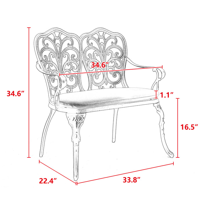 Patio Garden Bench Metal Park Bench Cast Aluminum Outdoor Furniture with Floral Rose for Patio,Park,Lawn,Yard with cushion white - DTYStore