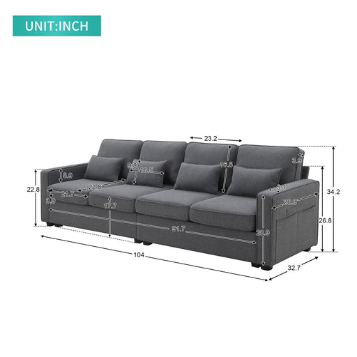 104" 4-Seater Modern Linen Fabric Sofa with Armrest Pockets and 4 Pillows,Minimalist Style Couch for Living Room, Apartment, Office,3 Colors - DTYStore