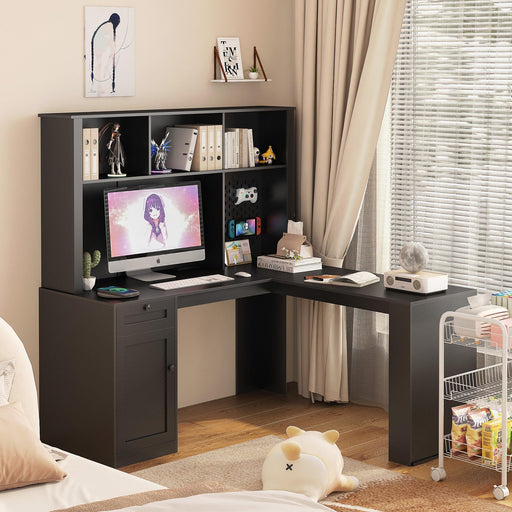 L Shaped Desk with Charger,Computer Desk with Drawers,Bookshelf & Hutch,Modern Corner Desk,Home Office Desk,L-Shaped Study Table Writing Desk,Corner Gaming Computer Desk with Storage - DTYStore