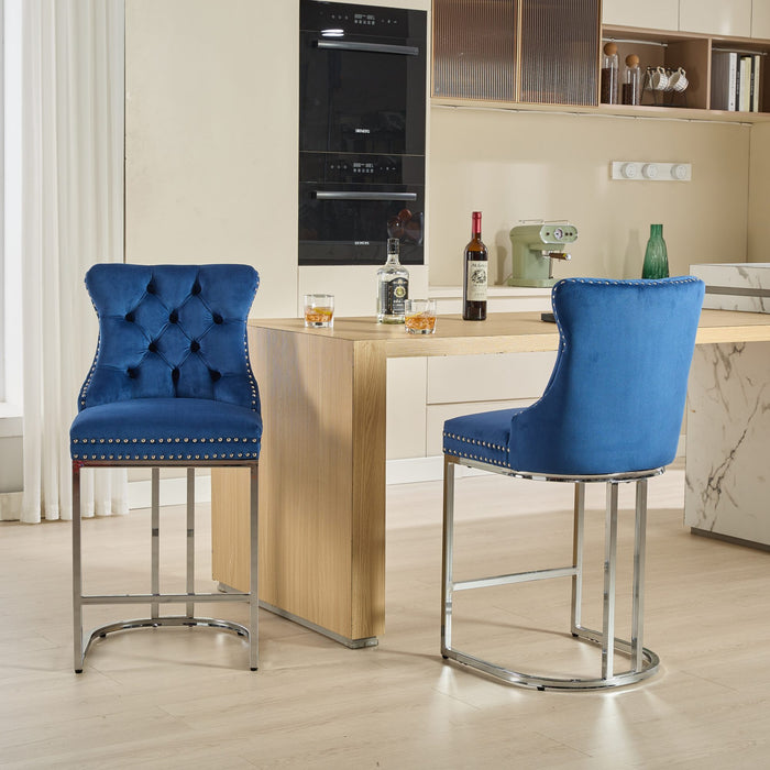 25' Counter Height Bar Stools Set of 2, Modern Velvet Barstools with Button Back&Rivet Trim Upholstered Kitchen Island Chairs with Sturdy Chromed Metal Base Legs Farmhouse Bar Stools, (Blue,2 Pack) - DTYStore