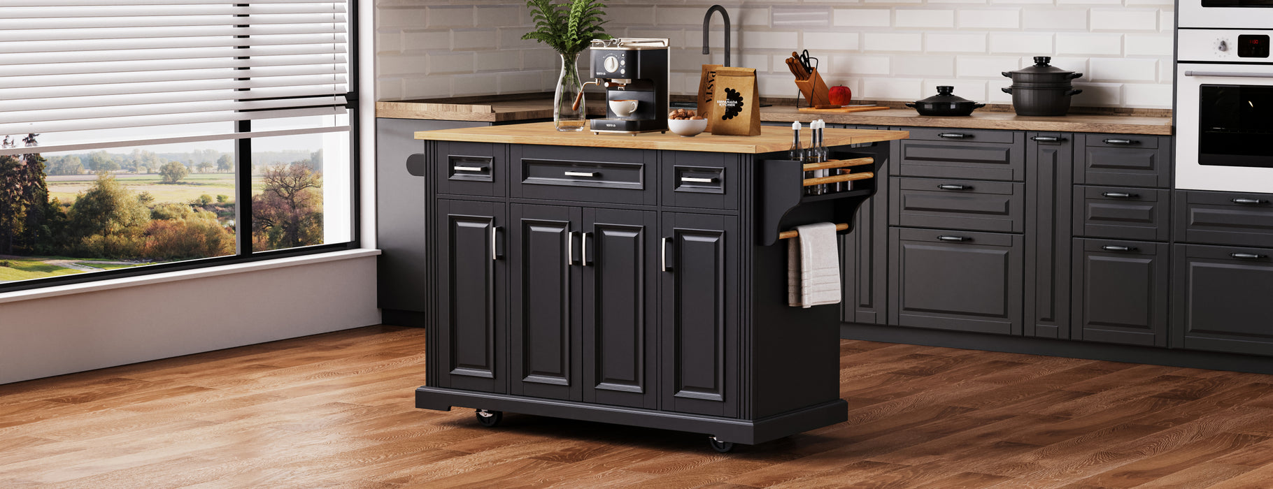54inch Large Kitchen Island with Rubber Wood Drop Leaf, Embossed Texture Rolling Kitchen Cart on 4 Wheels with 4 Doors and 3 Drawers, Kitchen Island with Storage for Kitchen, Dining Room,Black - DTYStore