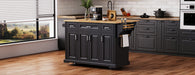 54inch Large Kitchen Island with Rubber Wood Drop Leaf, Embossed Texture Rolling Kitchen Cart on 4 Wheels with 4 Doors and 3 Drawers, Kitchen Island with Storage for Kitchen, Dining Room,Black - DTYStore