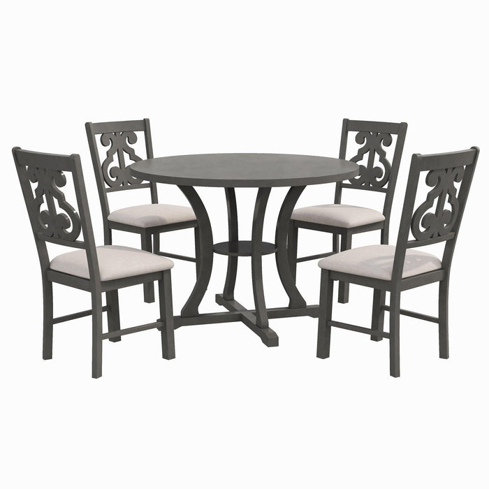 5-Piece Round Dining Table and Chair Set with Special-shaped Legs and Hollow Chair Back