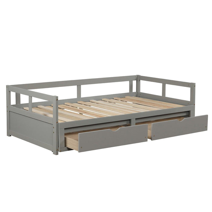 Wooden Daybed with Trundle Bed and Two Storage Drawers , Extendable Bed Daybed,Sofa Bed for Bedroom Living Room, Gray - DTYStore