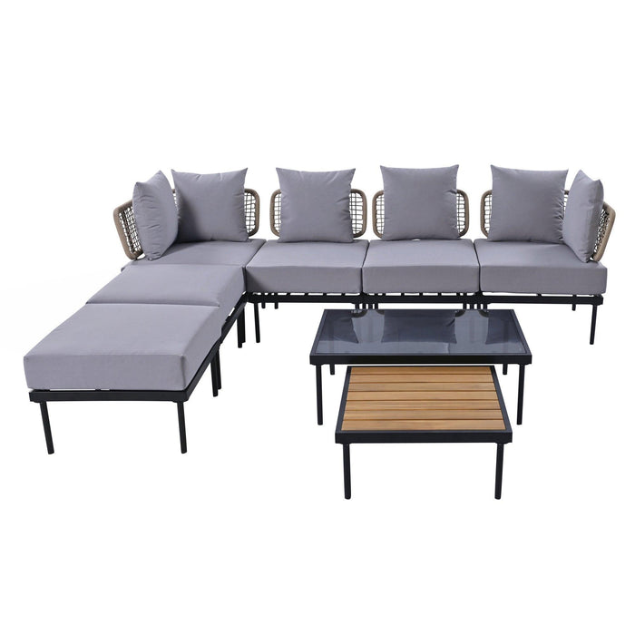 8-Piece Patio Sectional Sofa Set with Tempered Glass and Wooden Coffee Tables for Outdoor Oasis