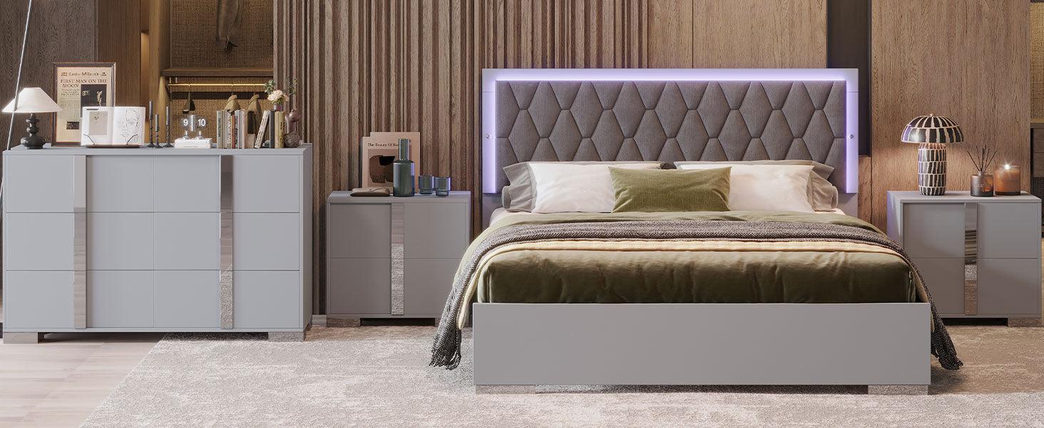 4-Pieces Bedroom Sets Queen Size Upholstered Bed with LED Lights, Mirrored Nightstands and Dresser with Metal Handles and Legs,Grey