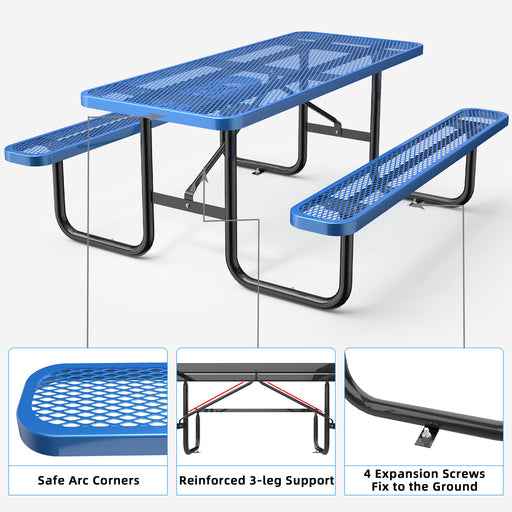 72' Expanded Metal Rectangular Picnic Table, Blue - DTYStore