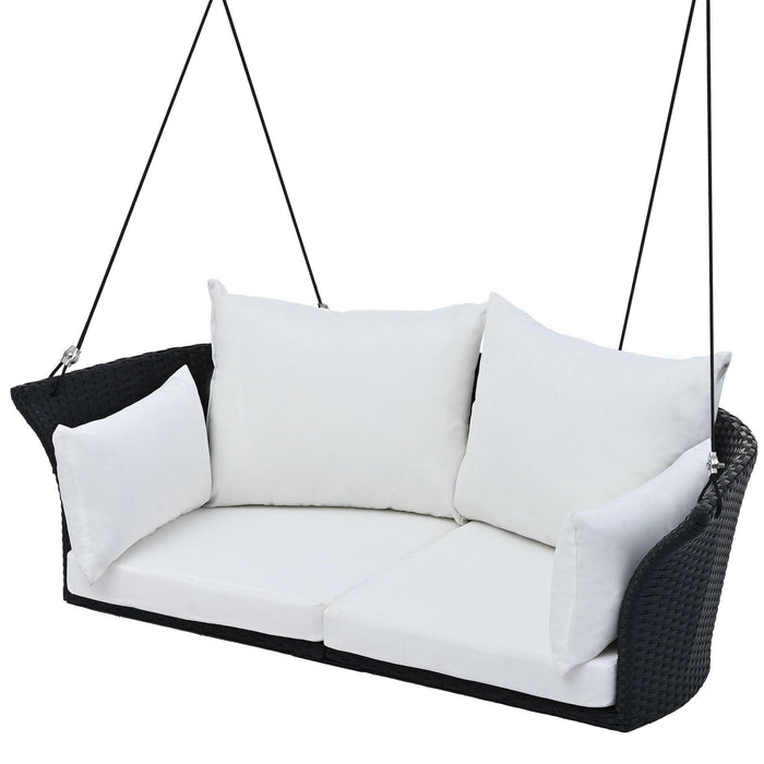 51.9" 2-Person Hanging Seat, Rattan Woven Swing Chair, Porch Swing With Ropes, Black Wicker And White Cushion