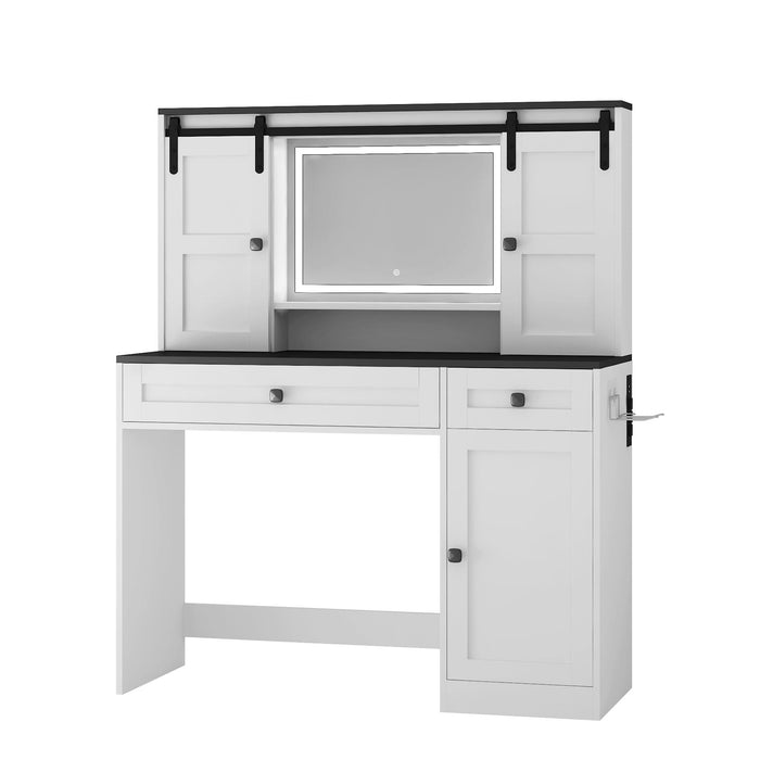 Farmhouse Dressing Table Makeup Table, 43" Wide Dressing Table with Lighted Mirror and Makeup Drawer, Large Modern Dressing Table Set with Hair Dryer Holder for Bedroom, White