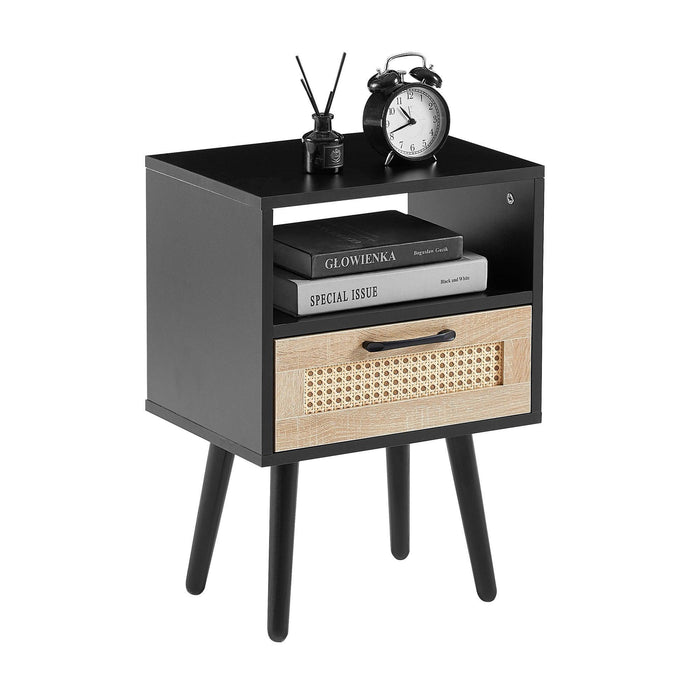 15.75" Rattan End table with drawer and solid wood legs, Modern nightstand, side table for living room, bedroom, black - DTYStore