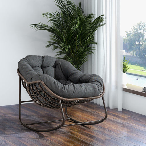 Outdoor Rattan Rocking Chair,Padded Cushion Rocker Recliner Chair Outdoor for Front Porch, Living Room, Patio, Garden, Grey - DTYStore