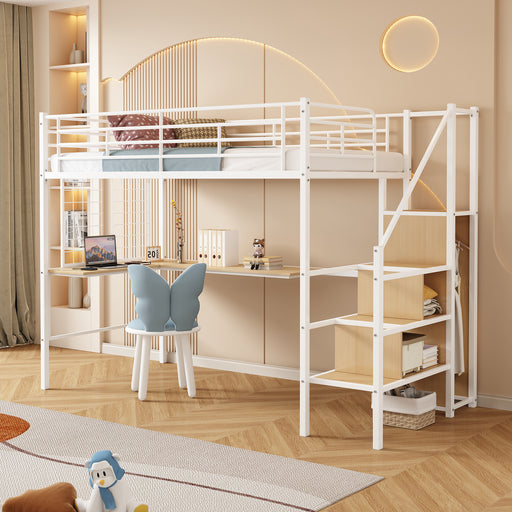 Twin Loft Bed with Desk and Storage Wardrobe, Heavy Duty Loft Bed with Stairs and Metal Grid, Twin Size Loft Bed, No Box Spring Needed, White Loft Bed Twin Size-White - DTYStore
