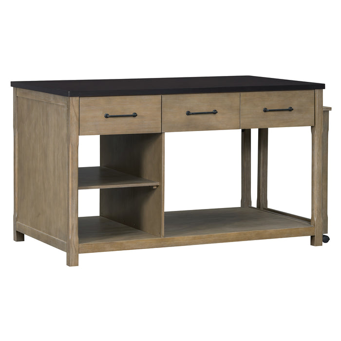 Extendable Kitchen Island with Storage, Multi-Functional Kitchen Cart with Built-In Power Outlets, Retro Kitchen Island on Wheels with Drawers and Open Shelves for Kitchen (Espresso+Natural) - DTYStore