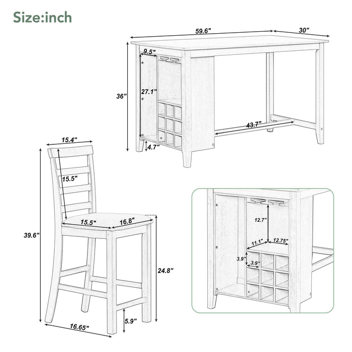 5-Piece Multi-Functional Rubber Wood Counter Height Dining Set with Padded Chairs and Integrated Wine Compartment