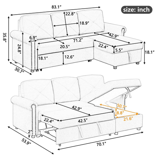 83" Modern Convertible Sleeper Sofa Bed with Storage Chaise,Beige - DTYStore