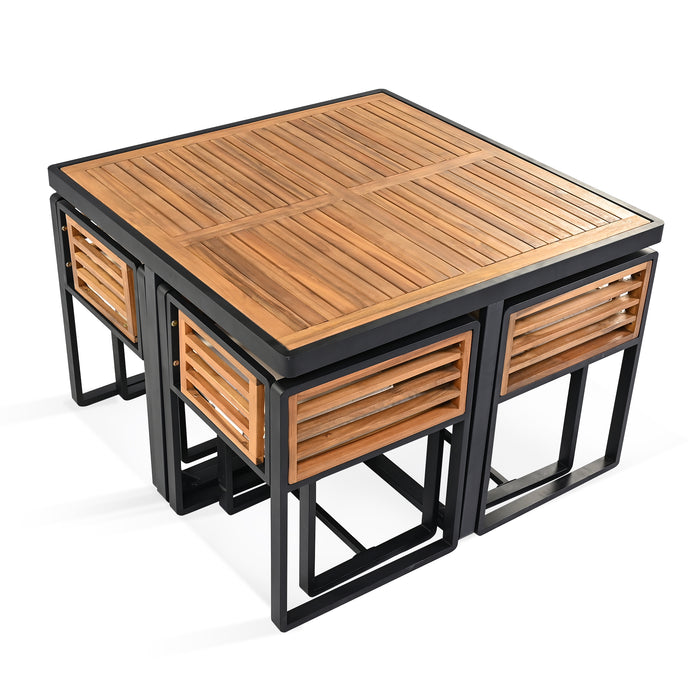 GO 9-Pieces Acacia Wood Patio Dining Set, Space Saving Outdoor Patio Set, 4 Cushioned Chairs & 4 Ottomans & 1 Square Table, for Backyard, Garden, Deck and Poolside, Beige - DTYStore