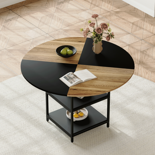 47.3-inch diameter modern splicing circular dining table - double-layer storage, wood and black fan-shaped diagonal color matching design, interpreting home aesthetics and practicality. - DTYStore