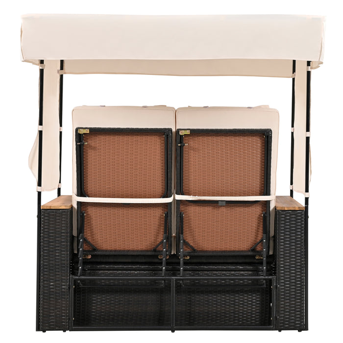 2-Piece Outdoor Rattan Daybed, Outdoor Bed with 5 Positions, Outdoor Loveseat Patio Sofa with Bench Lounge Roof Set and Cushions for Poolside, Backyard and Garden (Brown Wicker + Beige Fabric) - DTYStore