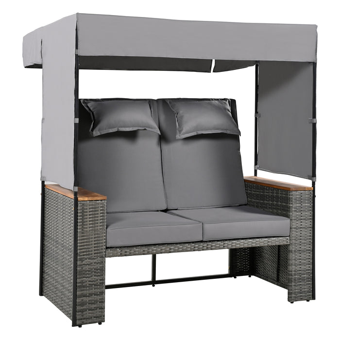 2-Piece Outdoor Rattan Daybed, Outdoor Bed with 5 Positions, Outdoor Loveseat Patio Sofa with Bench Lounge Roof Set and Cushions for Poolside, Backyard and Garden (Grey Wicker + Grey Fabric) - DTYStore