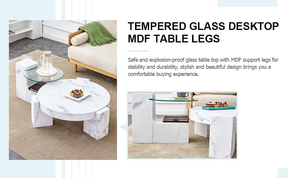 A modern, fashionable, and durable marble textured MDF coffee table with a side table. Match with multiple scenes. Suitable for living room and bedroom.