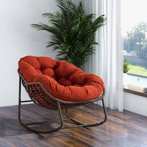 Outdoor Rattan Rocking Chair,Padded Cushion Rocker Recliner Chair Outdoor for Front Porch, Living Room, Patio, Garden, Orange - DTYStore