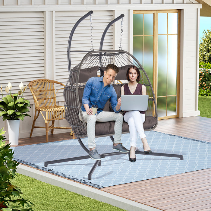 2 Person Outdoor Rattan Hanging Chair Patio Wicker Egg Chair - DTYStore