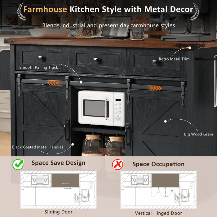 K&K 53.7" Farmhouse Kitchen Island with Power Outlet, 2 Sliding Barn Door Kitchen Storage Island with Drop Leaf, Spice Rack Rolling Kitchen Cart on Wheels, for Home, Kitchen and Dining Room, Black