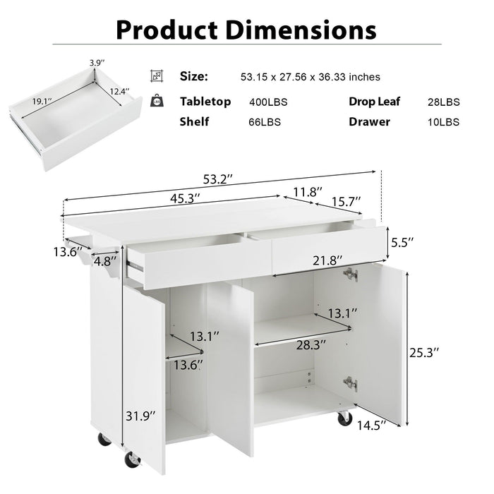 K&K 53.2'' Kitchen Island with Drop Leaf, Kitchen Storage Cart with Spice Rack, Towel Rack and 2 Drawers, Rolling Kitchen Island on Wheels with Adjustable Shelves for Kitchen, Dining Room, White