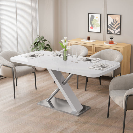 47.25''-63'' Modern White Glossy Dining Table for 4-6 People, Extendable Dining Table with Crossed Metal Base and Stainless Steel Tubes, Large Dining Table White(Same SKU:W757P16040) - DTYStore