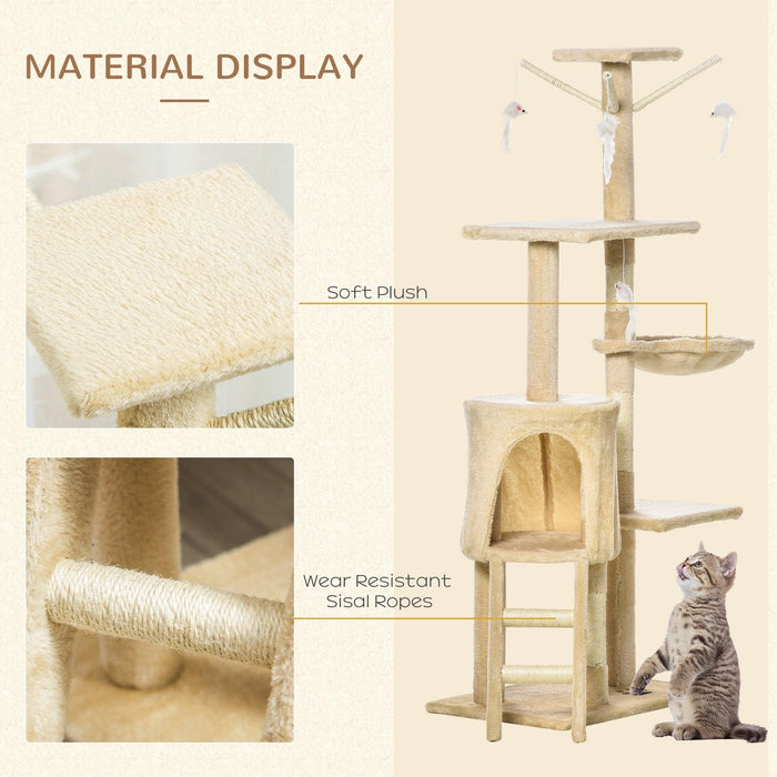 53" Plush Sturdy Interactive Cat Condo Tower Scratching Post Activity Tree House - Beige